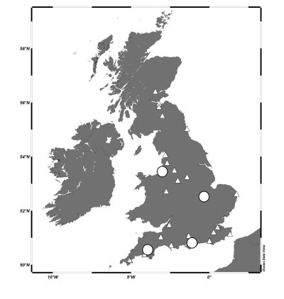 Fig. 2 Location of prisons; circles: model centres