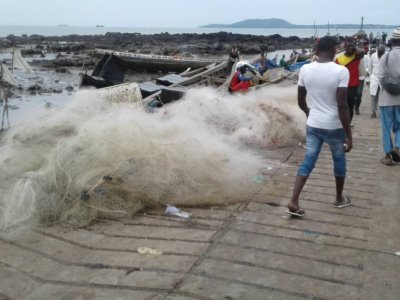 Prohibited monofilament netting lies openly on the pier, Boulbinet, Guinea